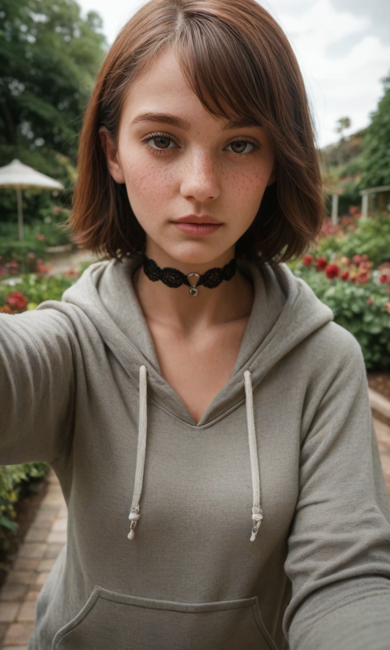 score_9, score_8_up, score_7_up, BREAK, rating_safe, woman, brown hair, detailed, sharp focus, flirtatious, seductive, choker, pleasant, seductive, freckles, 85 mm, hoodie, outdoor, garden, rare angle selfie, garden, nature, highly detailed, detailed skin, depth of field, film grain, highly detailed, detailed skin, depth of field, film grain