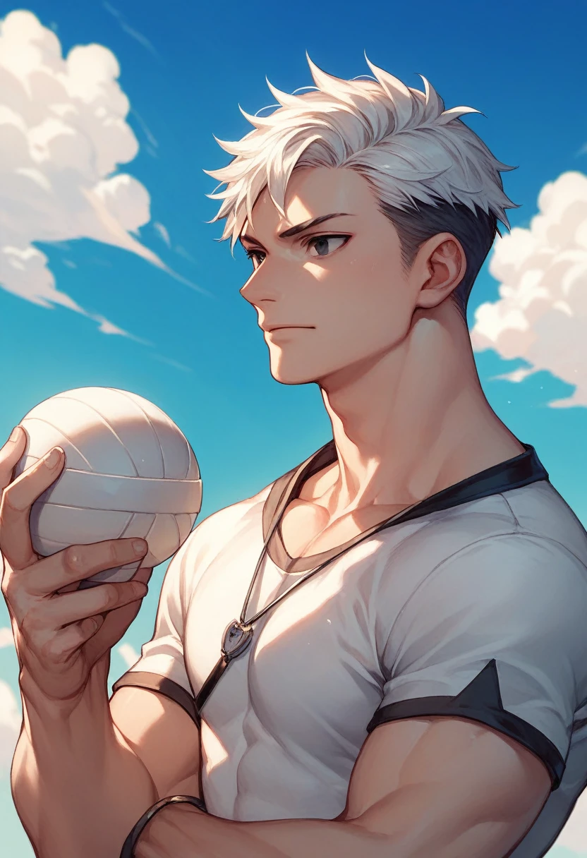 White color hair，short detailed hair，Black eyes，Libido boy，Handsome，shoun，white short sleeve，the sky background，with blue sky and white clouds