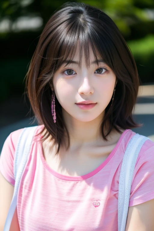 Mikasa,19 year old young woman , Best quality, High resolution, Short hair, Black eyes, look at the viewer, wearing a pink tshirt , beauty, Highest quality , high resolution

