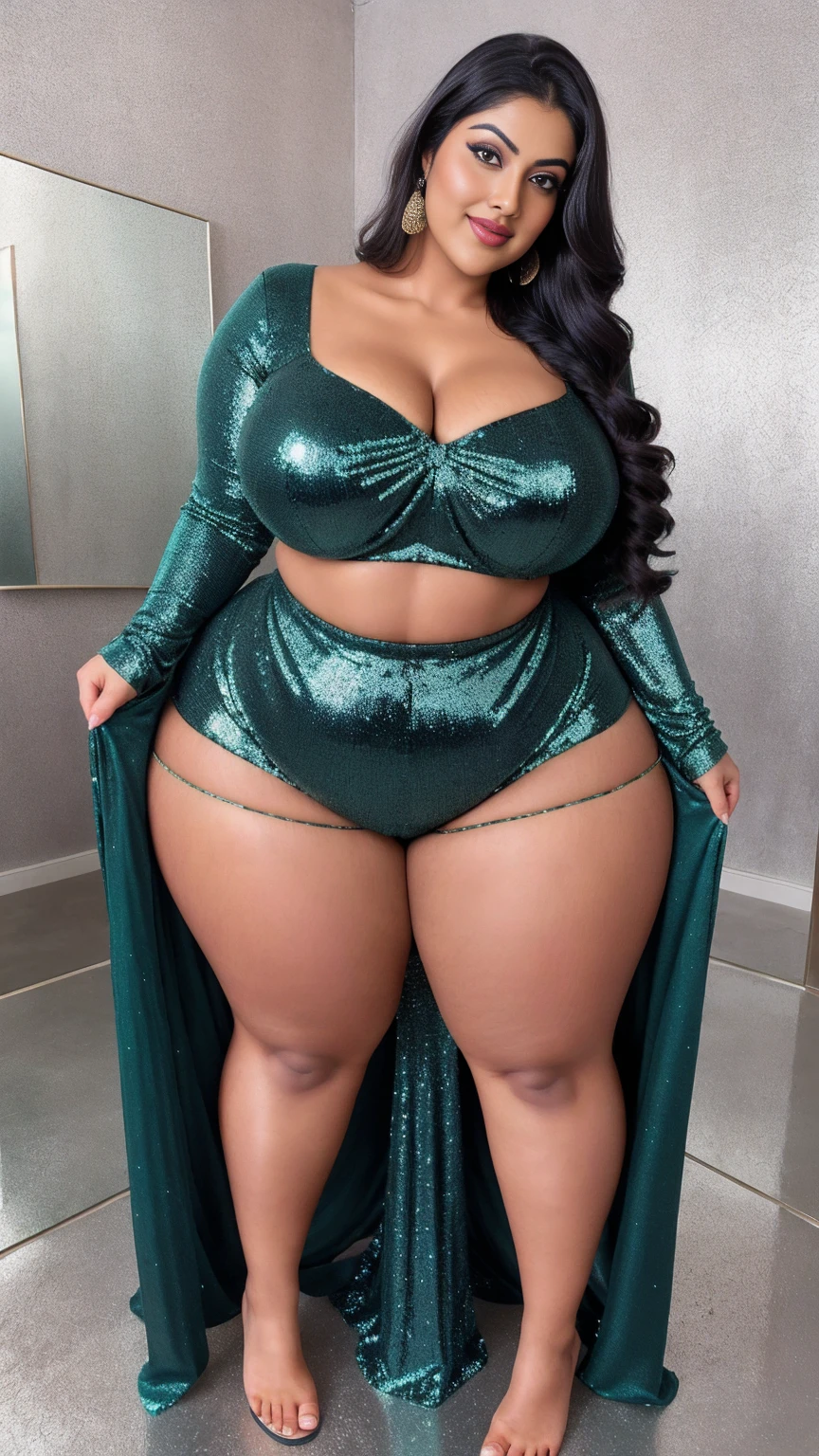 Indian gorgeous curvy plus size actress madhubala, glowing eyes, wearing Faeriesty Plus Mermaid Hem Sequin Formal Dress Color: Dark Green , covered Bust, parted lips, thick thighs, bigger waist, busty, curvy plus size body, full body, full body shot, head to toe view, hourglass body, curvy plus size body, smile face, bigger waist, busty, big hips, fleshy thighs, thick thighs, busty, full body view, Salar de Uyuni, Bolivia: Vast salt flats that create surreal mirror-like reflections.