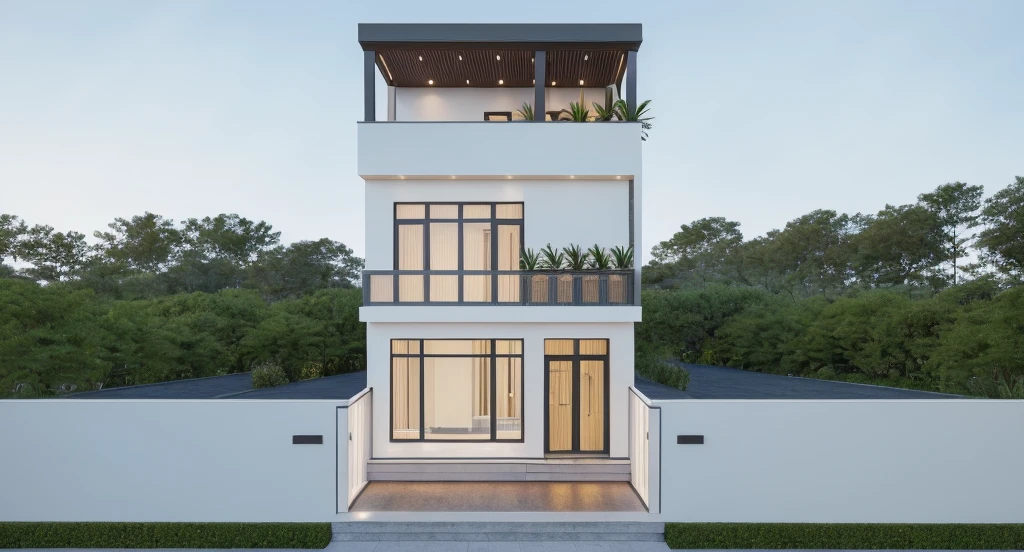 PLATFORM KTHOUSE, 1 morden villa,1large yard, 1 road runs in front of the house, (RAW photo, real, best quality, masterpiece:1.2), look morden minimalist, 1 road in front of the house, dynamic lighting:1.3, (hyper realistic, photo-realistic:1.2), high quality, (dark lighting:1.2), perfect lighting, archdaily, no human, light at 12 noon, light in door:1.2