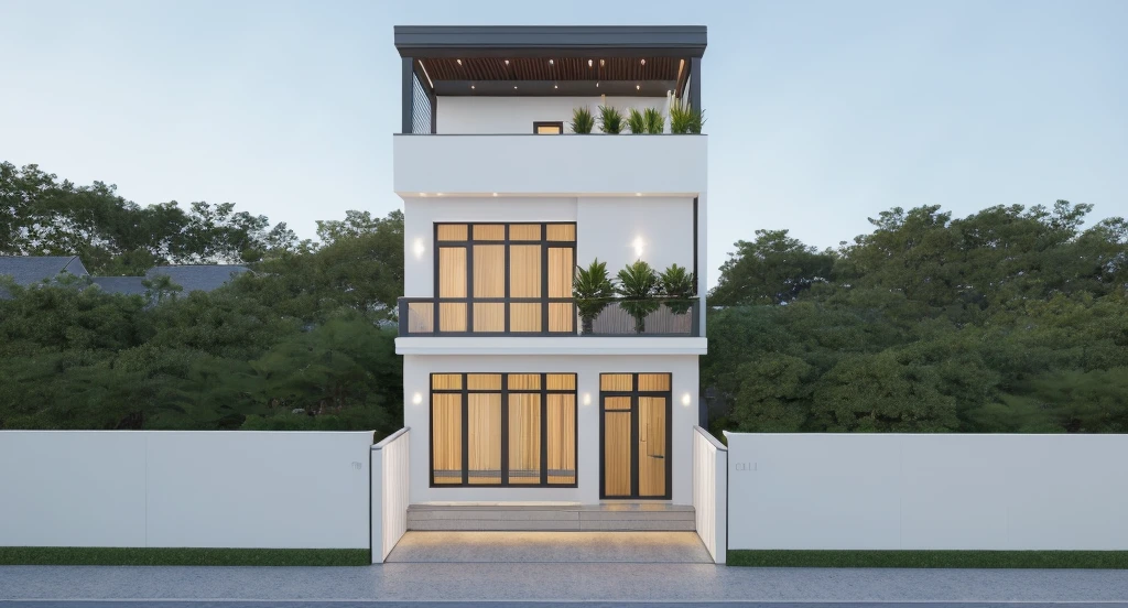 PLATFORM KTHOUSE, 1 morden villa,1large yard, 1 road runs in front of the house, (RAW photo, real, best quality, masterpiece:1.2), look morden minimalist, 1 road in front of the house, dynamic lighting:1.3, (hyper realistic, photo-realistic:1.2), high quality, (dark lighting:1.2), perfect lighting, archdaily, no human, light at 12 noon, light in door:1.2