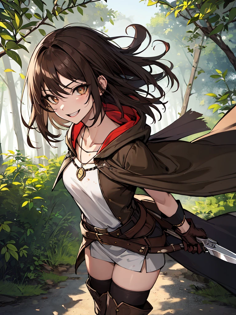 (absurdres, 8k, 4k, masterpiece, hyper extreme detailed:1.2), solo, 1girl, side view, perfect face, 1girl, portrait, looking at viewer, solo, standing, Female, toned body, mature female, small breasts, pale, brown hair, messy hair, enthusiastic, fun, tomboy, swept bangs, archer, smirk, medium body, crazy face, crazy smile, crazy eyes, wind, windy hair, moving hair, wearing a hood, archer outfit, reckless, medium hair, adventurous, ranger clothing, confident, fearless, expressive, rugged, dirty, bow, medieval, Wrist Blade, knife, cloak, quiver, knee boots, gloves, fantasy, magic, forest background, brown eyes, dot pupils, brown tunic, wild hair, blade in sleeve, shadows, hood, hooded, mask, face mask, standing, belts, cuffs, necklace, perfect anatomy, half body, cowboy shot,