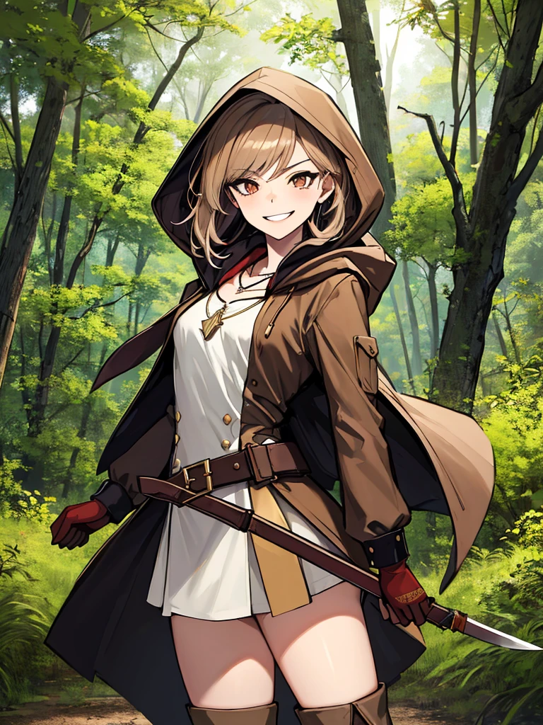 (absurdres, 8k, 4k, masterpiece, hyper extreme detailed:1.2), solo, 1girl, side view, perfect face, 1girl, portrait, looking at viewer, solo, standing, Female, toned body, mature female, small breasts, pale, brown hair, messy hair, enthusiastic, fun, tomboy, swept bangs, archer, smirk, medium body, crazy face, crazy smile, crazy eyes, wind, windy hair, moving hair, wearing a hood, archer outfit, reckless, medium hair, adventurous, ranger clothing, confident, fearless, expressive, rugged, dirty, bow, medieval, Wrist Blade, knife, cloak, quiver, knee boots, gloves, fantasy, magic, forest background, brown eyes, dot pupils, brown tunic, wild hair, blade in sleeve, shadows, hood, hooded, mask, face mask, standing, belts, cuffs, necklace, perfect ???????, half body, cowboy shot, 