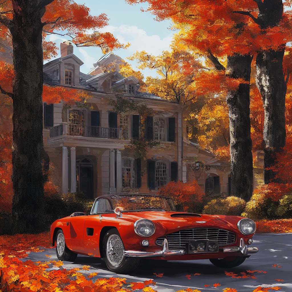 there is a red car parked in front of a large house, vintage aston martin, highly detailed hyper real retro, hyperrealistic fall, 4k highly detailed digital art, 8k stunning artwork, detailed painting 4 k, hd art, inspired by Art Frahm, in the art style of filip hodas, highly detailed digital painting, aston martin
