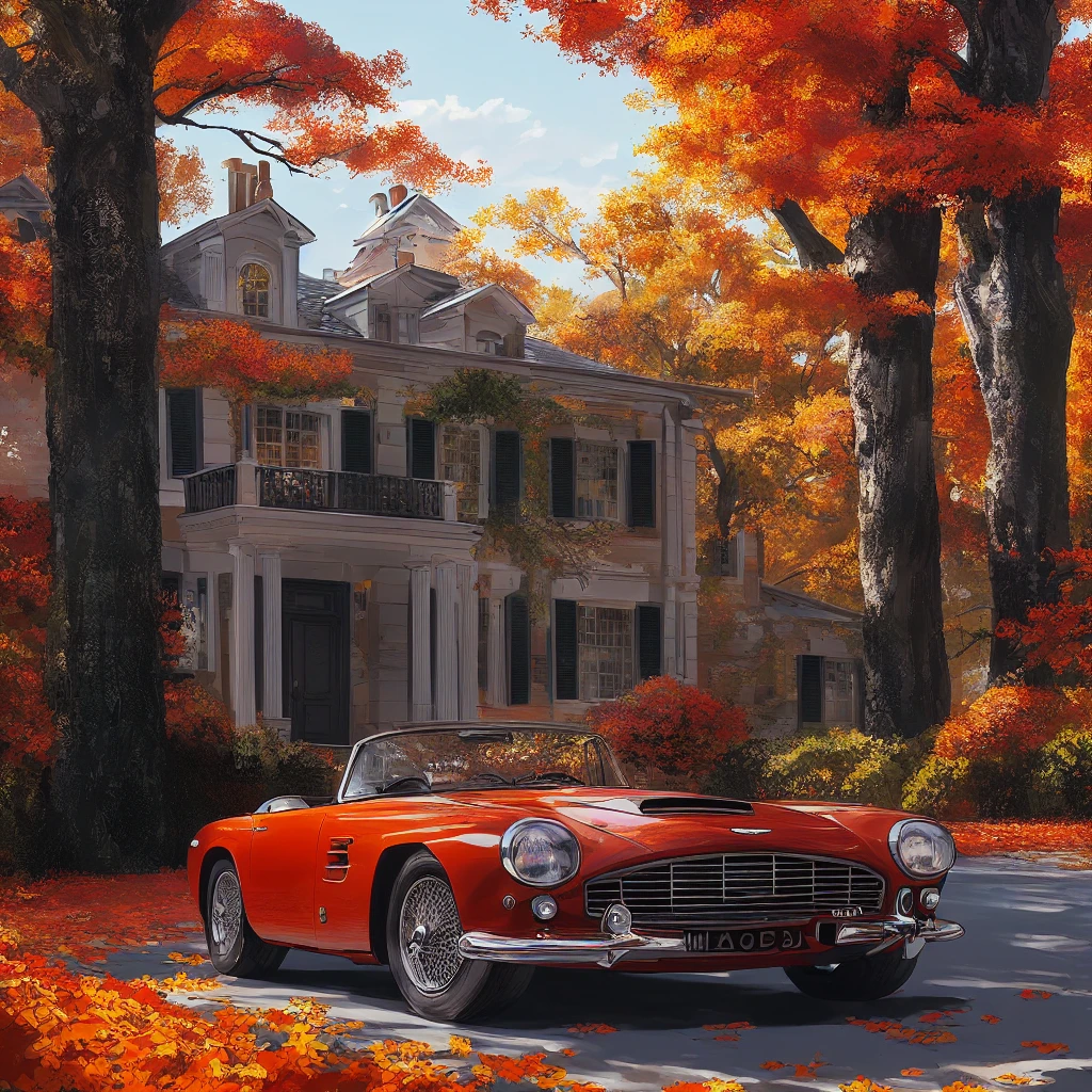 there is a red car parked in front of a large house, vintage aston martin, highly detailed hyper real retro, hyperrealistic fall, 4k highly detailed digital art, 8k stunning artwork, detailed painting 4 k, hd art, inspired by Art Frahm, in the art style of filip hodas, highly detailed digital painting, aston martin
