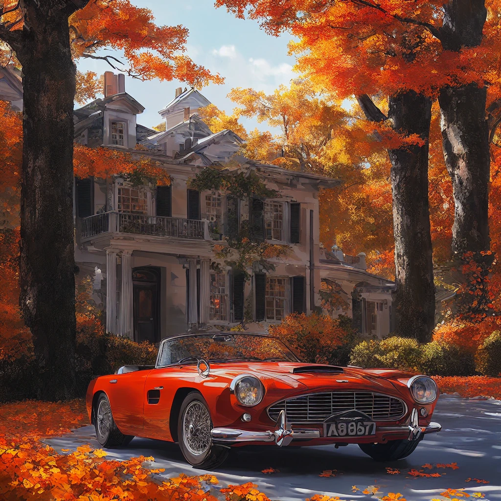 there is a red car parked in front of a large house, vintage aston martin, highly detailed hyper real retro, hyperrealistic fall, 4k highly detailed digital art, 8k stunning artwork, detailed painting 4 k, hd art, inspired by Art Frahm, in the art style of filip hodas, highly detailed digital painting, aston martin