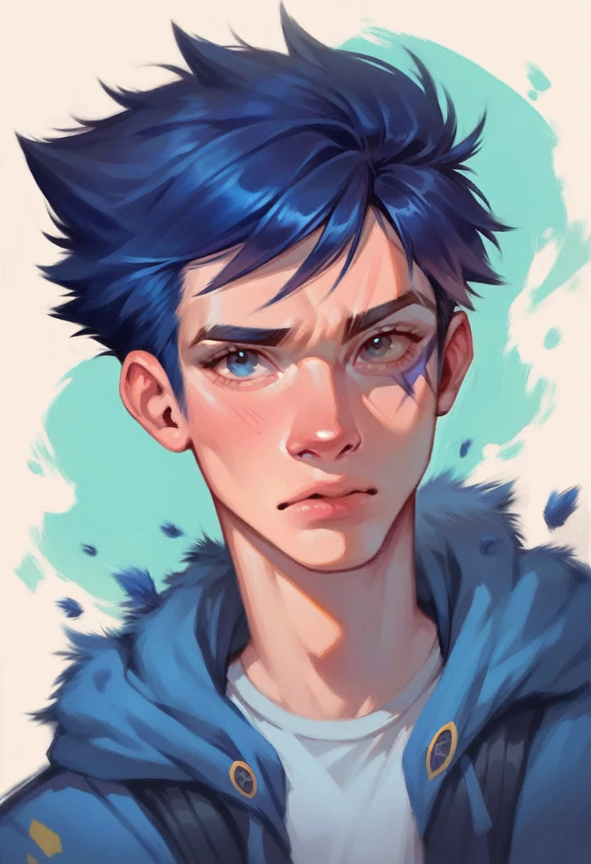 Girl, blue hair, thin hair, shaggy hair, blue eyes, blue hawkeye with no pattern