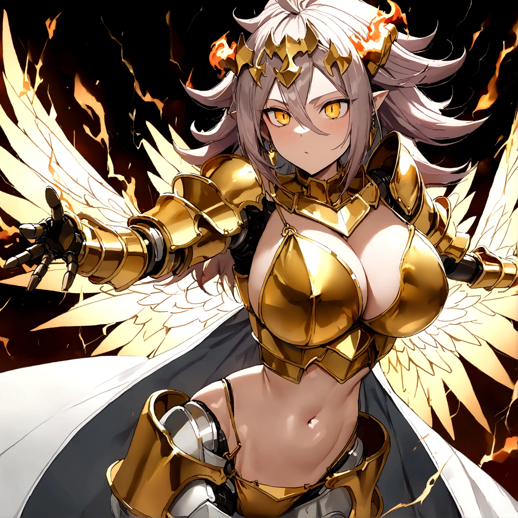 ((Lightning Power)), ((Electricity)), ((Fire Background)), ((Lightning Storm)), ((Power Erupting)), (((((android 21))))), ((((Black Rasengan)))), (((Evil Power))), (((white Coat))), (((Busty))), (((((Big breast:1,3)))), luxury bustier corset, (((silver hair))), (((Very slim waist))), propotional body, ((Gorgeous)), (((Fire Blazing Horns))), ((((gold wings))), masterpiece, hyperdetail, ambient effect, digital effect, (((Fire Gold Bikini Armor))), (((Lightning Gold Wings)))