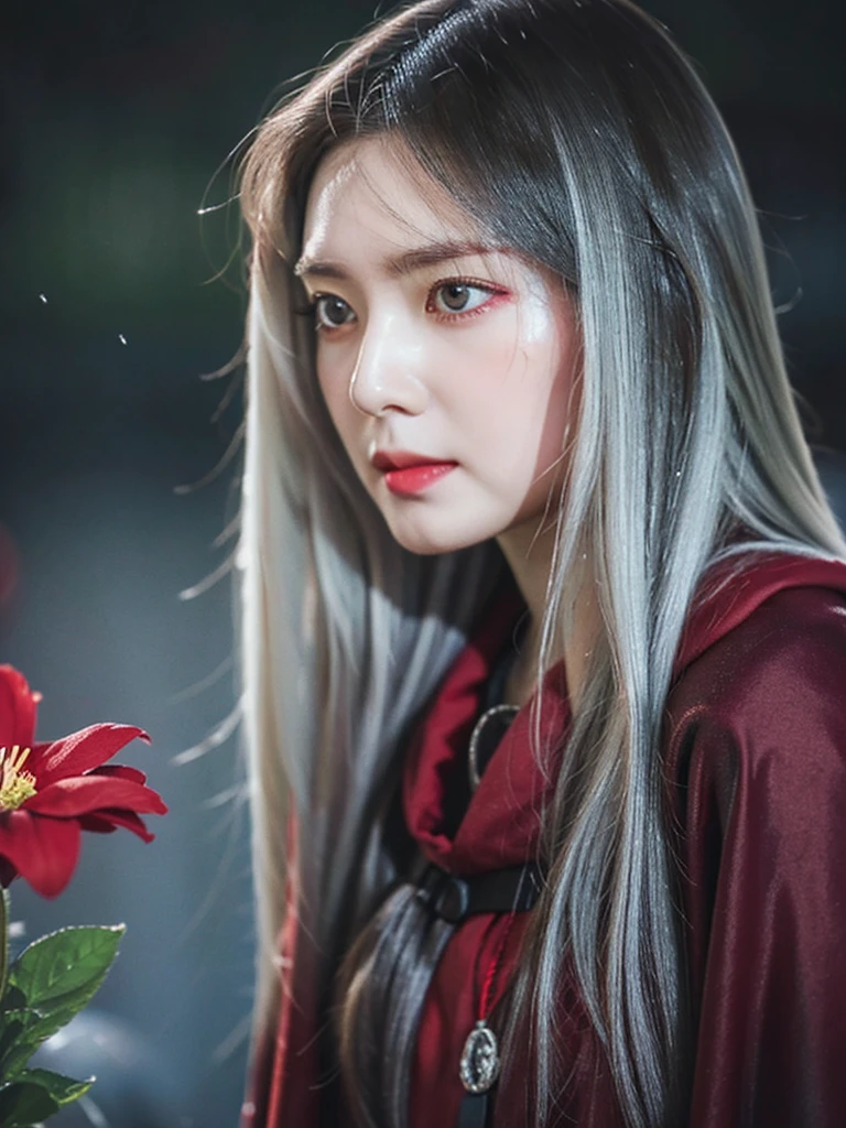 1girl,solo,1girl,solo,((beautiful detailed eyes)), (detailed light),depth of field,(white hair),silver eyes,hair over one eye,(red flower ), hair flower,long hair,black cloak,wet,emotionless,looking back,night,starfall,raining,fog,red flowers falling,sketch,upper body,intense shadows,