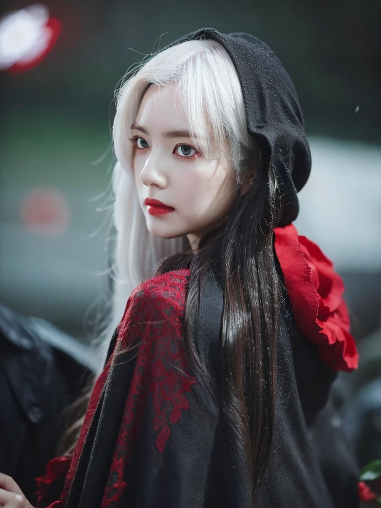 1girl,solo,1girl,solo,((beautiful detailed eyes)), (detailed light),depth of field,(white hair),silver eyes,hair over one eye,(red flower ), hair flower,long hair,black cloak,wet,emotionless,looking back,night,starfall,raining,fog,red flowers falling,sketch,upper body,intense shadows,