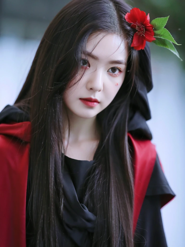 1girl,solo,1girl,solo,((beautiful detailed eyes)), (detailed light),depth of field,(white hair),silver eyes,hair over one eye,(red flower ), hair flower,long hair,black cloak,wet,emotionless,looking back,night,starfall,raining,fog,red flowers falling,sketch,upper body,intense shadows,