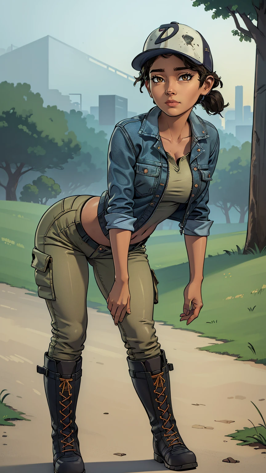 ((masterpiece, best quality)),(complex lighting) ,solo,(((1girl))) ,clementine, light skin,light-skinned female, baseball cap, green cargo pants, brown eyes, tight pants, combat boots, shirt, short hair, one short ponytail, open denim jacket, huge butt, thicc butt , (((8k))), (((full body))), (((bent over))), (((looking at the viewer))), (((view from in front of her))), big breasts