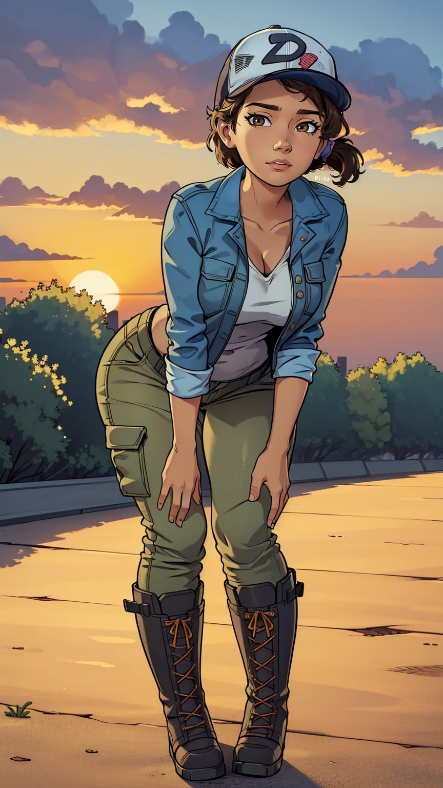 ((masterpiece, best quality)),(complex lighting) ,solo,(((1girl))) ,clementine, light skin,light-skinned female, baseball cap, green cargo pants, brown eyes, tight pants, combat boots, shirt, short hair, one short ponytail, open denim jacket, huge , thicc , (((8k))), (((full body))), ((())), (((looking at the viewer))), (((view from in front of her))),