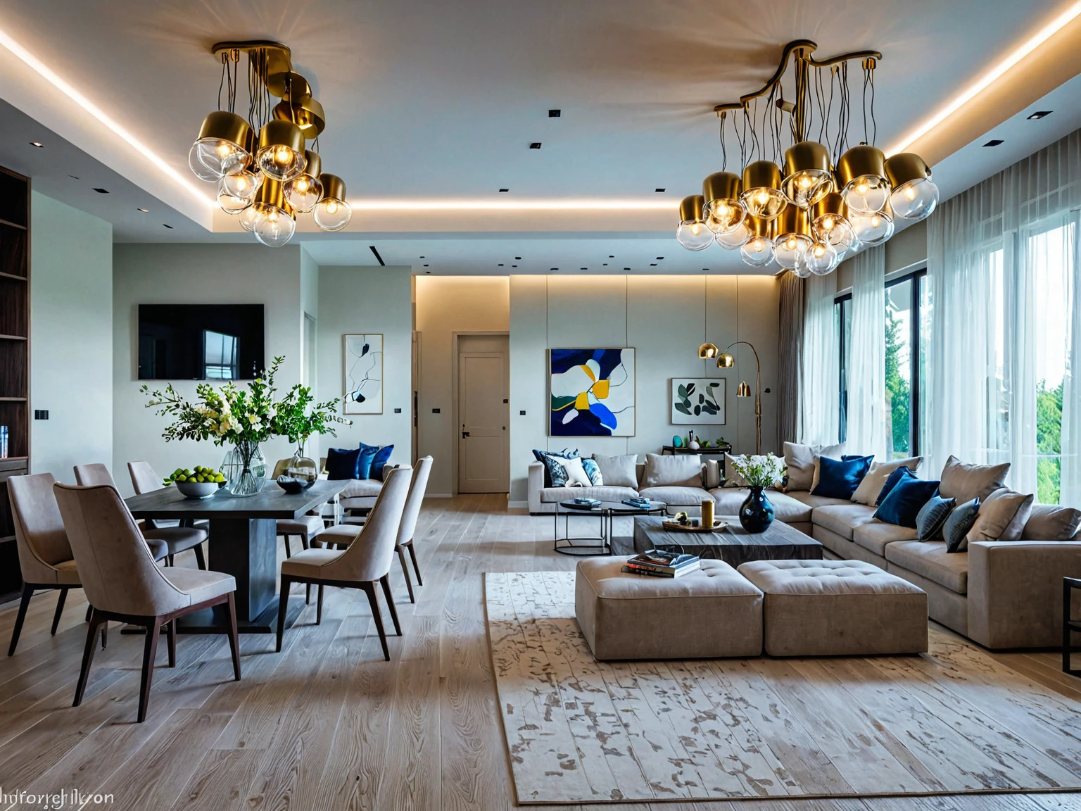 Raw photo, Masterpiece, high quality, best quality, authentic, super detail,
indoors, living room style modern, windows, ceiling lights, chandeliers, minimalist line
daylight, vivid colour,