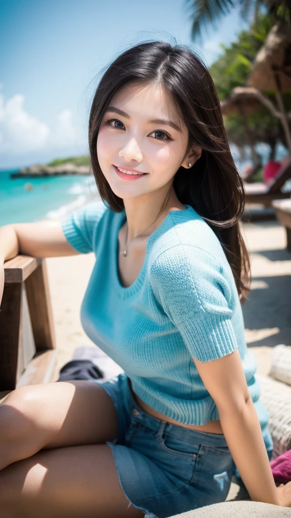 Highest quality, shape, Very detailed, finely, High resolution, 8k wallpaper, Perfect dynamic composition, Beautiful and detailed, Straight hair, Small breasts, Natural color lip, Random sexy poses,The best smile,30 year old adult beauty、Daytime、Beautiful and elaborate face、Perfect and beautiful face,Big eyes、RAW Photos、Expressing feminine poses with the whole body、Beautiful and detailed、Small face、Beautiful Duplex、Slim face and figure,Bright expression,Shooting with a focus on beautiful legs,White summer knitwear、Surf Casual、Summer clothes、Indonesia、bali、coastal、Beach