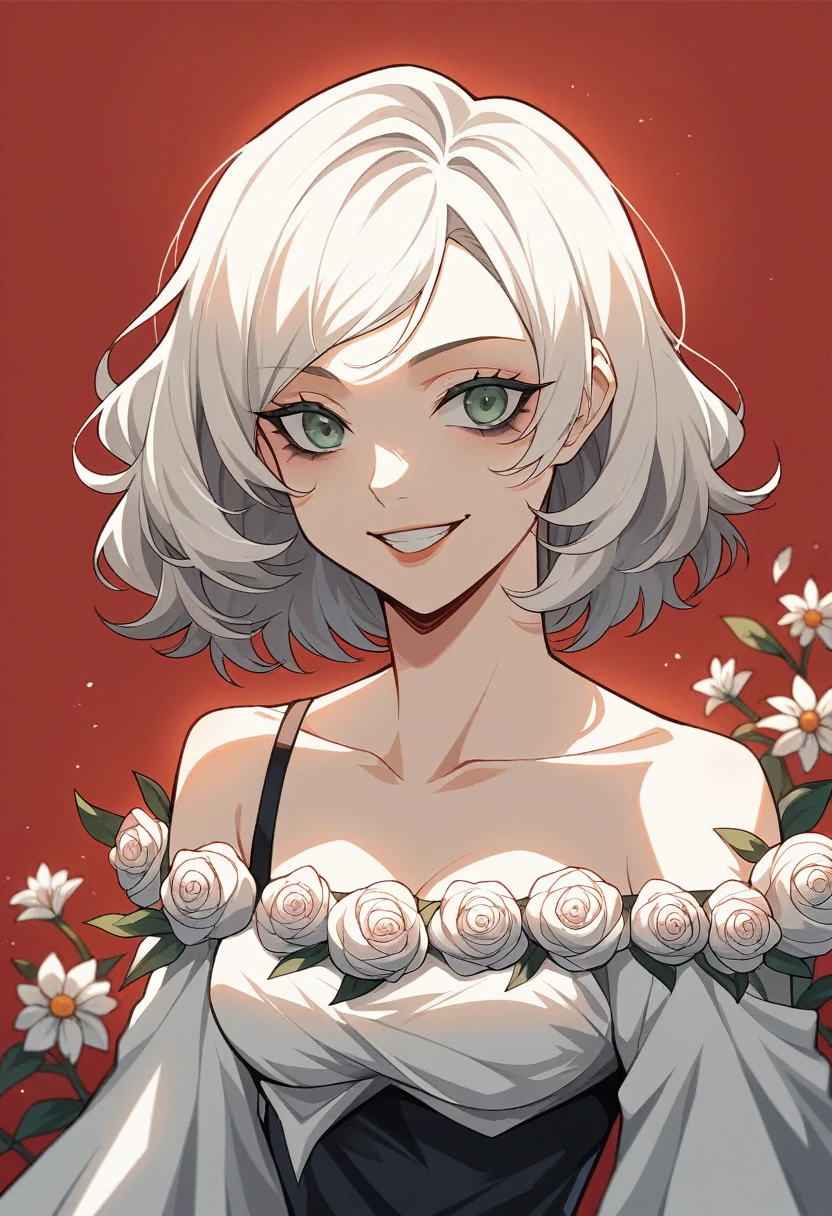 half body shot, white off the shoulder semi-sheer dress, black cat eyeliner makeup, high contrast, red background, simple background, crooked smile, style Gustav Klimt, Egon Schiele, surrealism, flowers, swirls,
damaged photo, hasselblad, film grain, unity 8k wallpaper, sharp focus, high dof, masterpiece, dynamic angle, rule of thirds composition, otherworldly lighting, subsurface scattering, f2, 35mm, bokeh, blur,