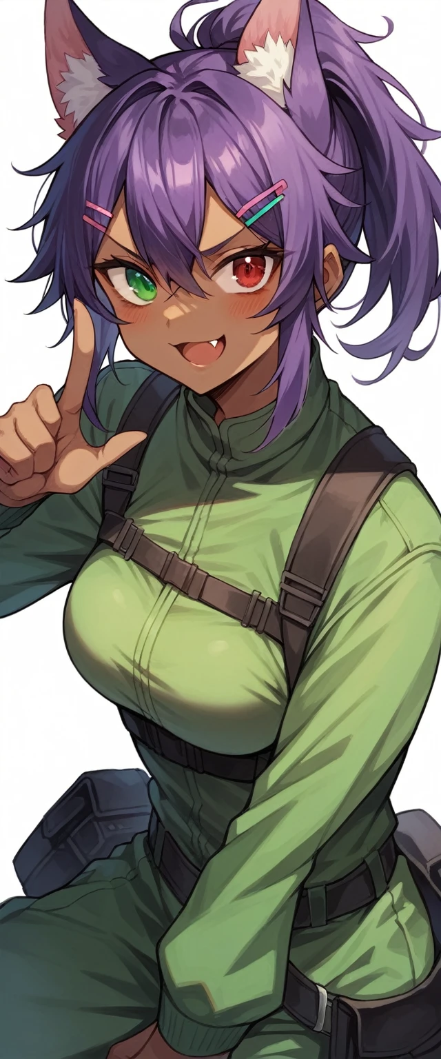highres,1girl,animal ears,KEMOMIMI,bangs,blush,heterochromia,red eye,green eye,red and green odd eyes,open mouth,fang,dark-skinned female,hair between eyes,hair ornament,hairclip,looking at viewer,smile,solo,v-shaped eyebrows,ponytail,Short messy hair,purple hair,two or more colors,Rash Guard,white background,simple background