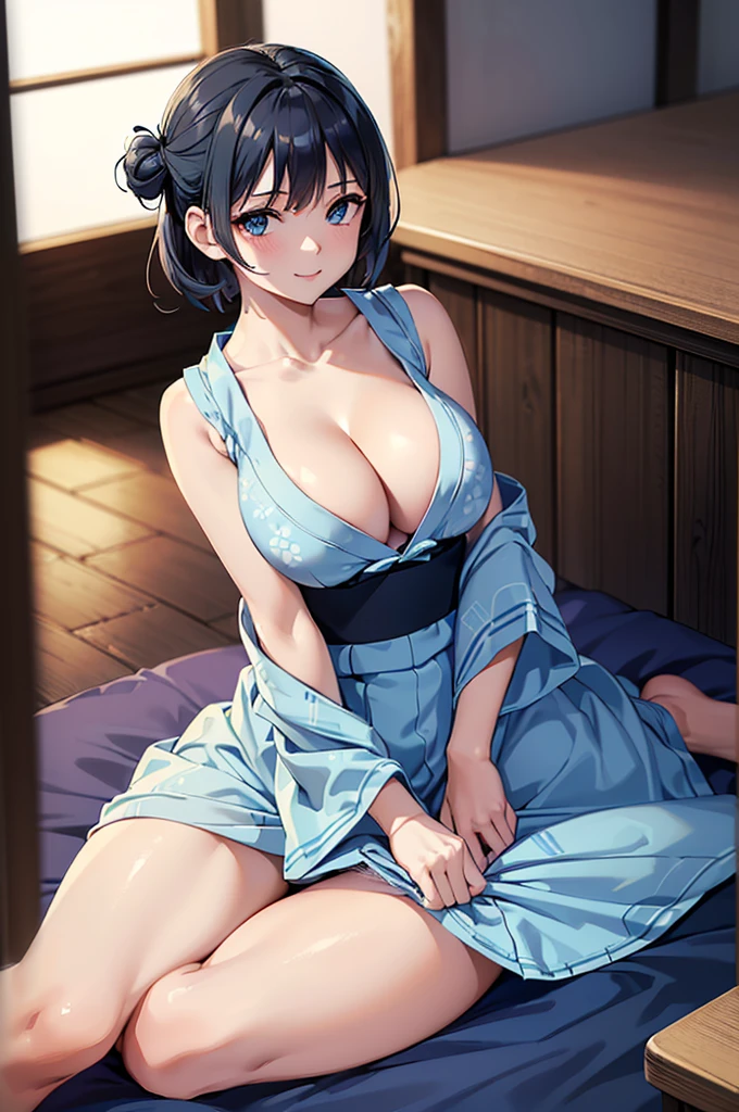 masterpiece, best quality, ultra detailed, ultra high resolution, very detailed face, solo, anime, top down angle, 20 years old girl, slim, (((lightblue yukata, sleeveless))), (((bare thighs, pantie))), ((black short hair, chignon)), (((large breast, expose the cleavage of the breast))), little smile, in the room