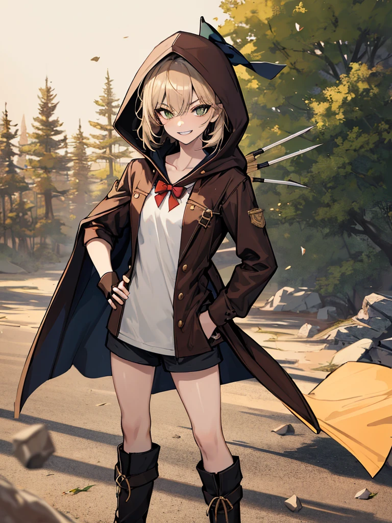 (absurdres, 8k, 4k, masterpiece, hyper extreme detailed:1.2), solo, 1girl, side view, perfect face, 1girl, portrait, looking at viewer, solo, standing, Female, toned body, mature female, small breasts, pale, brown hair, messy hair, enthusiastic, fun, tomboy, green eyes, swept bangs, archer, smirk, medium body, tomboy, crazy face, crazy smile, crazy eyes, wind, windy hair, moving hair, wearing a hood, archer outfit, reckless, medium hair, adventurous, ranger clothing, confident, pirate coat, eyepatch, fearless, expressive, rock, background, rugged, dirty, left hand holding bow, right hand on hip, medieval, crossbow, arm bow, hidden blade, knife, cloak, quiver, arrows, long boots, gloves, fantasy, magic, forest, brown eyes, dot pupils, brown tunic, messy hair, wild hair, aiming, blade in sleeve, shadows, perfect anatomy, half body, cowboy shot,