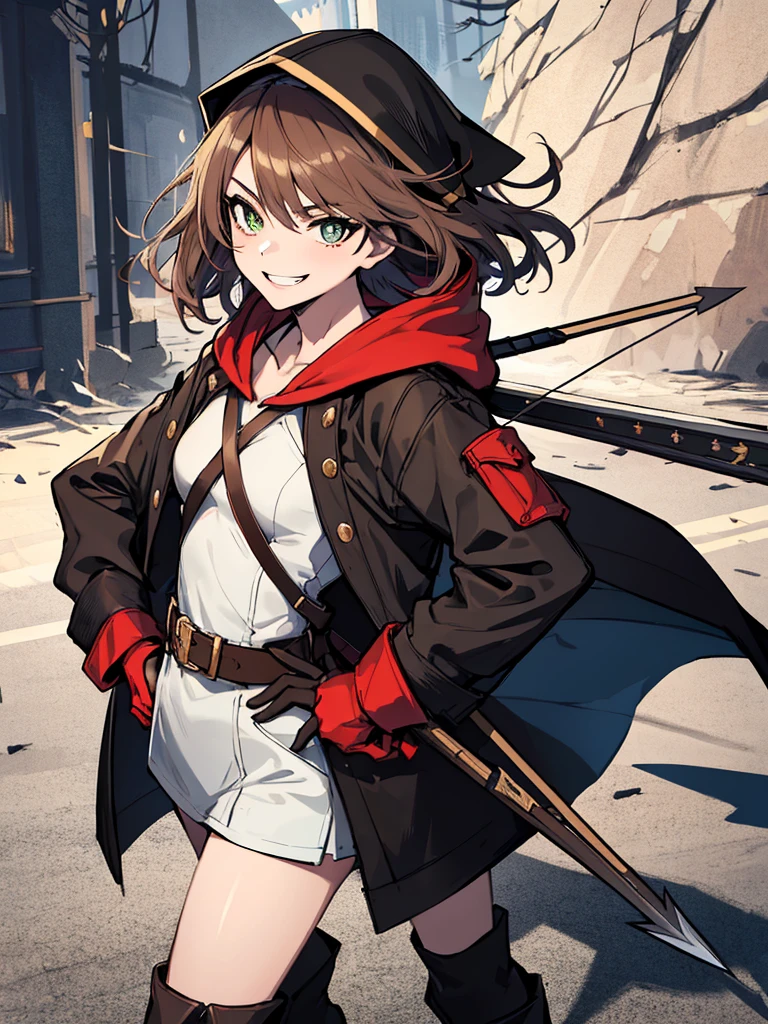 (absurdres, 8k, 4k, masterpiece, hyper extreme detailed:1.2), solo, 1girl, side view, perfect face, 1girl, portrait, looking at viewer, solo, standing, Female, toned body, mature female, small breasts, pale, brown hair, messy hair, enthusiastic, fun, tomboy, green eyes, swept bangs, archer, smirk, medium body, tomboy, crazy face, crazy smile, crazy eyes, wind, windy hair, moving hair, wearing a hood, archer outfit, reckless, medium hair, adventurous, ranger clothing, confident, pirate coat, eyepatch, fearless, expressive, rock, background, rugged, dirty, left hand holding bow, right hand on hip, medieval, crossbow, arm bow, hidden blade, knife, cloak, quiver, arrows, long boots, gloves, fantasy, magic, forest, brown eyes, dot pupils, brown tunic, messy hair, wild hair, aiming, blade in sleeve, shadows, perfect anatomy, half body, cowboy shot,
