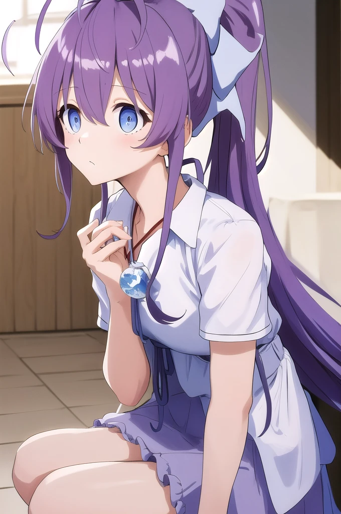 masterpiece, best quality, highres, 1girl ahoge ponytail hair bow white shirt