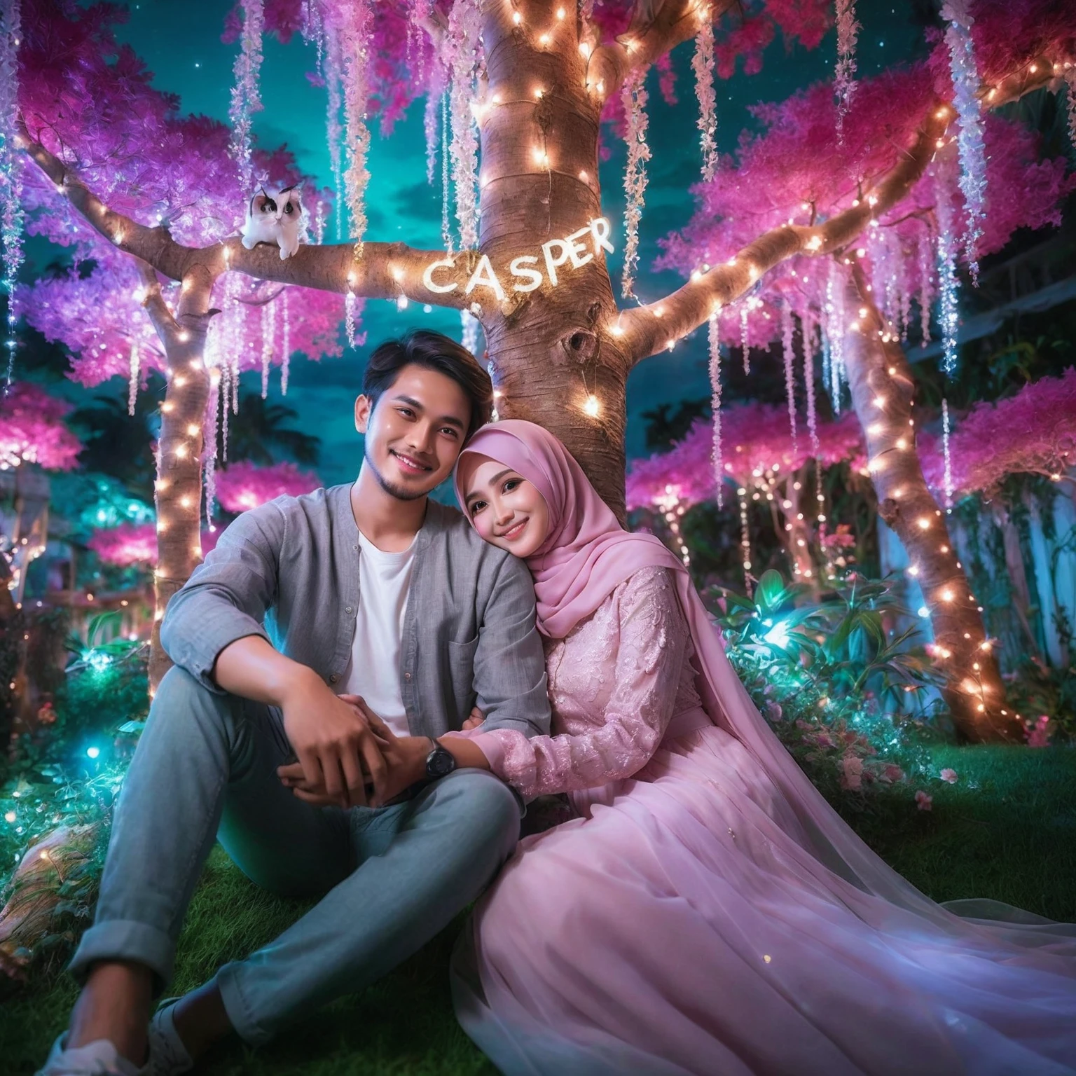 Indonesian romantic couple sitting in the garden of paradise, Extreme Close-up shot, macro, couple pose, photo shot, romantic style, hijab, tight hug, smilling, pink pastel skin tone, dreamy and romantic, there is writing from the tree branch "CASPER", night scene with the light of fireflies, a very beautiful view of a paradise garden, stunning fantasy, light of butterflies that decorated, bright lighting,   bright faces, bokeh, Taken using Sony Alpha α7CR full-frame, UHD 1536px, high quality.