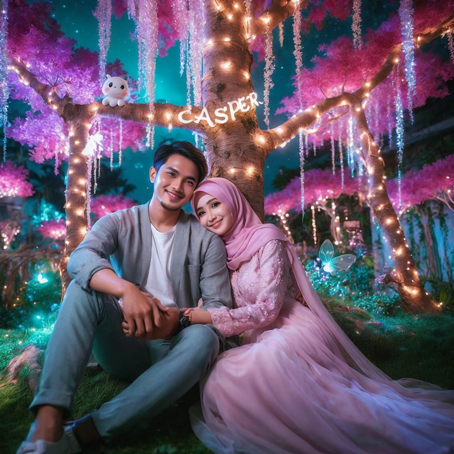 Indonesian romantic couple sitting in the garden of paradise, Extreme Close-up shot, macro, couple pose, photo shot, romantic style, hijab, tight hug, smilling, pink pastel skin tone, dreamy and romantic, there is writing from the tree branch "CASPER", night scene with the light of fireflies, a very beautiful view of a paradise garden, stunning fantasy, light of butterflies that decorated, bright lighting, bright faces, bokeh, Taken using Sony Alpha α7CR full-frame, UHD 1536px, high quality.