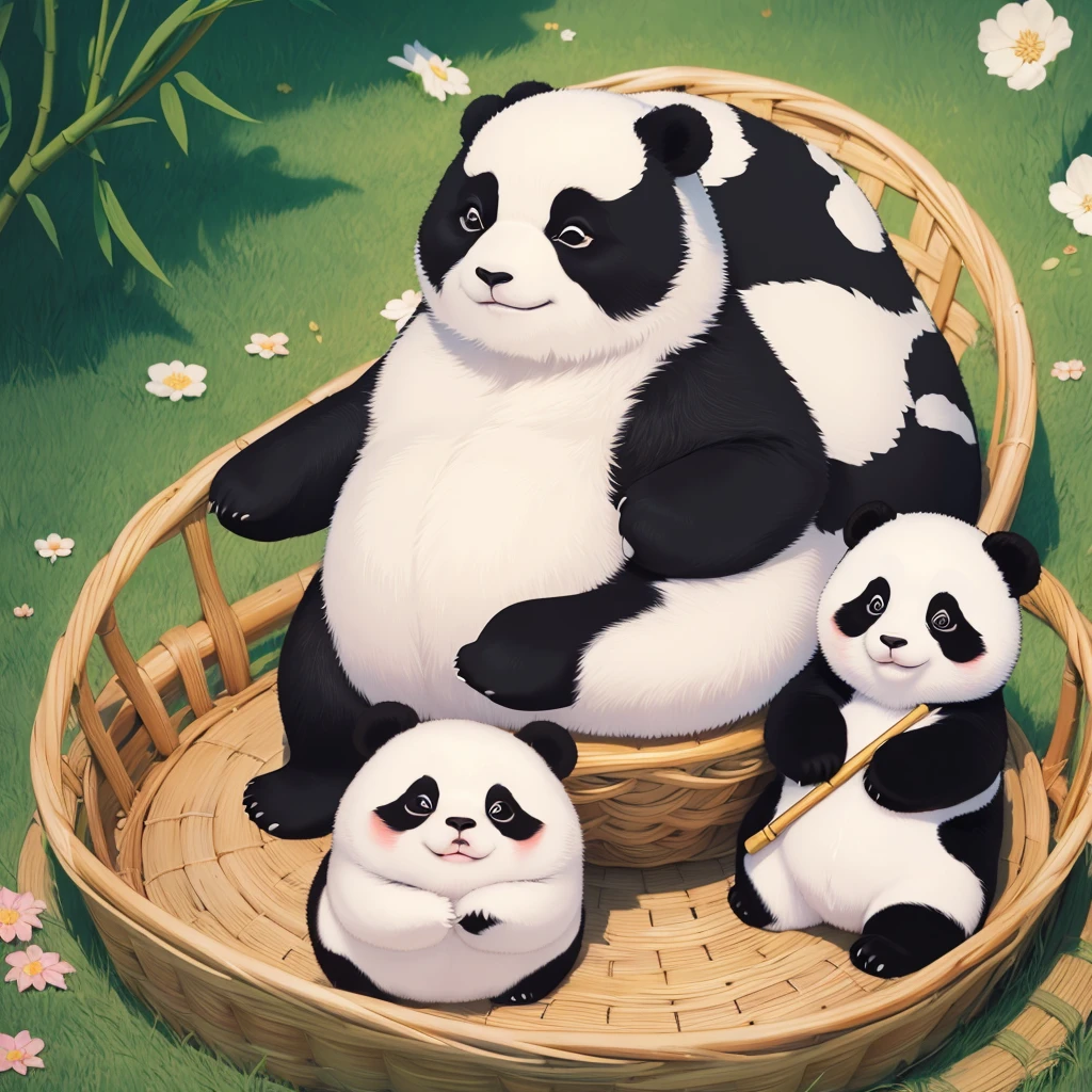 Create a cute and original "yuru-chara" mascot character. The character should be a small, round panda with big, sparkling eyes and a gentle smile. The panda is wearing a tiny, colorful kimono with floral patterns. Its ears and cheeks are slightly rosy, giving it an adorable and friendly appearance. The panda has a small bamboo shoot in one paw. The overall theme is traditional Japanese, and the character exudes a warm, welcoming personality. The background should be simple, focusing on the panda.