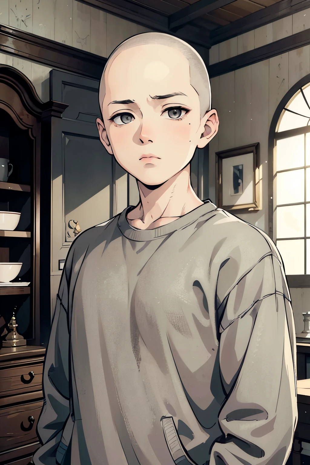 young boy, 6 years, skinhead, grey clothing, old clothes, grey eyes, empty eyes, neutral expression, young, masculine jawline,  old house, vintage room background, basic background, masterpiece, detailed