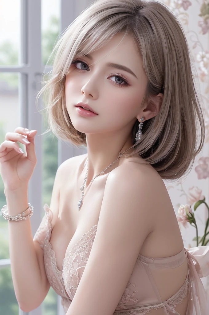 pink lace thong&Good, (((Very elegant and beautiful, Perfect detail, Super detailed))), whole body, The most detailed girl, Depth of written boundary, 美しく詳細なwhole body, Thin legs, 1 girl, 30 years old, Very short hair, Spiked Hair, Gray and silver hair, Beautiful detailed hair, Perfect Face, Expressionless, Beautifully detailed deep eyes, Open your mouth a little, Delicate arms and hands, Pale skin, Earrings, Beautiful and gorgeous necklace, Colorful background, HD background, Blurred Background, Very delicate and beautiful, Masterpiece, (((Highest quality, Very beautiful 8K CG wallpaper))), (((Trendy hairstyles))), (Inside the room,Stylish interior,window),