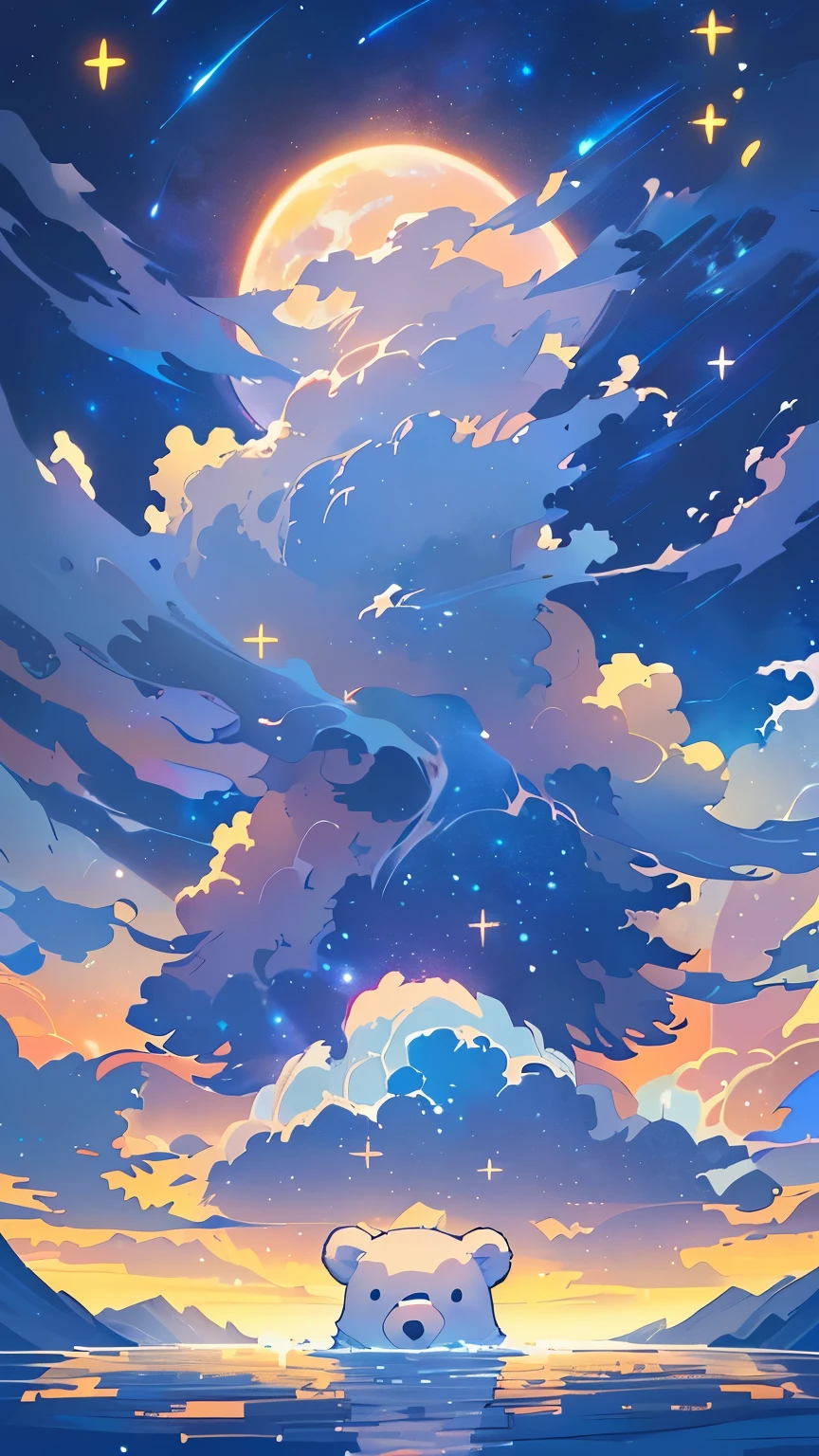 There is a cartoon bear and a bear floating in the water, Dream Night, Fantasy puffy sky, Lovely and detailed digital art, cloudy night, floating in the sky, Pearly sky, A quiet night. Digital Illustration, Kubis Art, Floating among the stars, in the sky, Cosmic cloudscape, Cute digital art, Animation Cloud, Background artwork