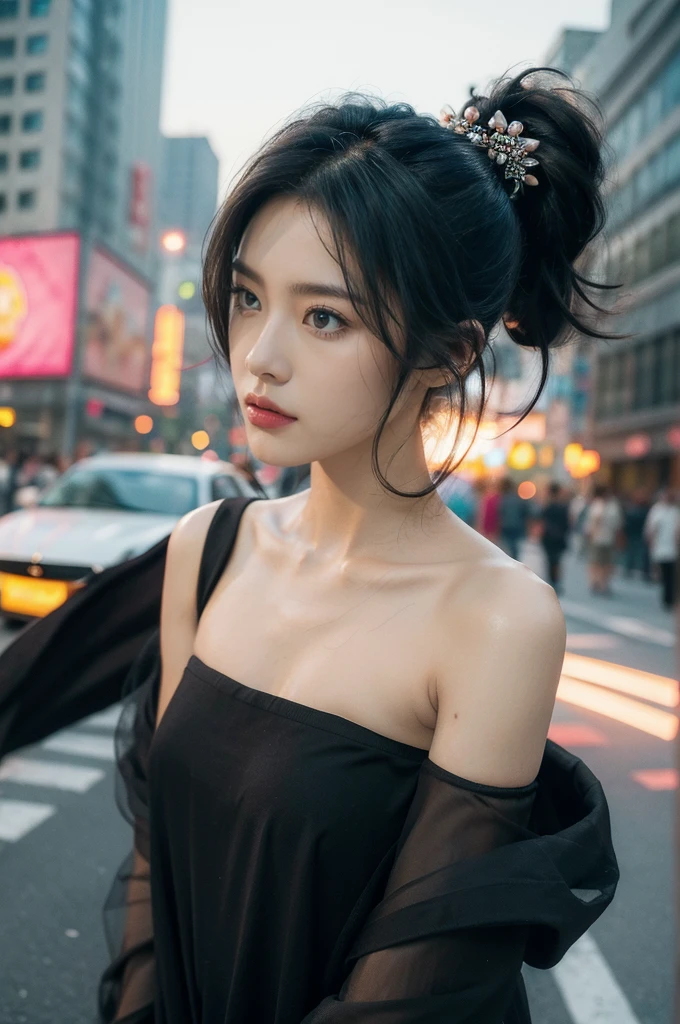 (((best quality))),(((ultra detailed))),(((masterpiece))),illustration,1girl,slim,sun-kissed skin,strapless vibrant rose-pink bra,short ponytail,flat chest,standing, bustling city streets, honking cars,surrounded by crowded crowds, colorful advertisements,grilled skewers,enjoying sights and sounds,(dark black skin:1.5),day scene,(close-up of face:1.3)