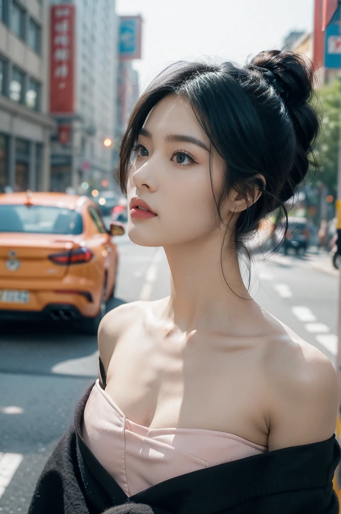 (((best quality))),(((ultra detailed))),(((masterpiece))),illustration,1girl,slim,sun-kissed skin,strapless vibrant rose-pink bra,short ponytail,flat chest,standing, bustling city streets, honking cars,surrounded by crowded crowds, colorful advertisements,grilled skewers,enjoying sights and sounds,(dark black skin:1.5),day scene,(close-up of face:1.3)
