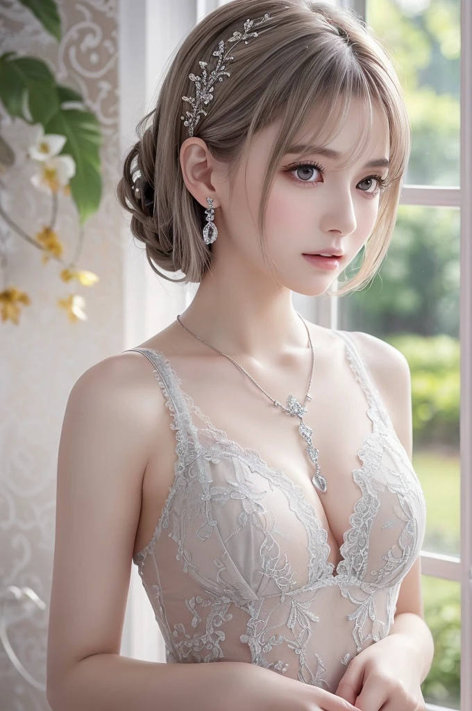silver lace thong&Good, (((Very elegant and beautiful, Perfect detail, Super detailed))), whole body, The most detailed girl, Depth of written boundary, 美しく詳細なwhole body, Thin legs, 1 girl, 30 years old, Very short hair, Spiked Hair, Gray and silver hair, Beautiful detailed hair, Perfect Face, Expressionless, Beautifully detailed deep eyes, Open your mouth a little, Delicate arms and hands, Pale skin, Earrings, Beautiful and gorgeous necklace, Colorful background, HD background, Blurred Background, Very delicate and beautiful, Masterpiece, (((Highest quality, Very beautiful 8K CG wallpaper))), (((Trendy hairstyles))), (Inside the room,Stylish interior,window),