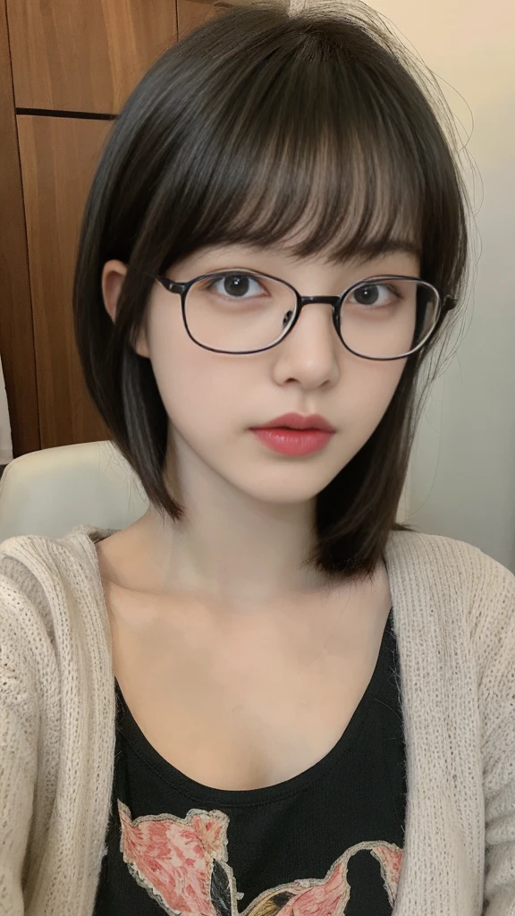 （Actually，  High resolution：1.3）， 2 girl with a perfect body，  Slim face and eyes , big breast ,In House , Wearing Glasses, bangs haircut ,Long Black hair 