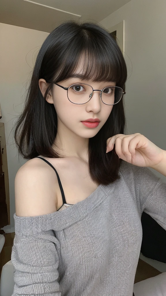 (Actually, High resolution:1.3), 2 girl with a perfect body, Slim face and eyes , big breast ,In House , Wearing Glasses, bangs haircut ,Long Black hair