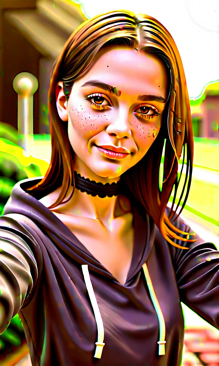 score_9, score_8_up, score_7_up, BREAK, rating_safe, woman, brown hair, detailed, sharp focus, flirtatious, seductive, choker, pleasant, seductive, smile, freckles, 85 mm, hoodie, outdoor, garden, rare angle selfie, garden, nature, highly detailed, detailed skin, depth of field, film grain, highly detailed, detailed skin, depth of field, film grain