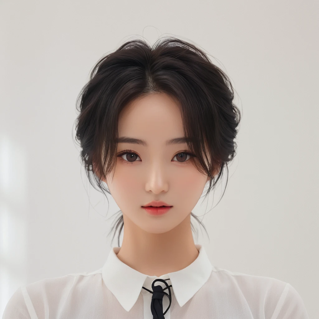 Best Quality, 8k, Masterpiece, (Portrait: 1.3), (photo realistic:1.4), (hyper realistic:1.4), Sharp Focus, looking at viewer, (smoother lighting:1.1), (increase cinematic lighting quality:0.9), realistic lighting, backlighting, light on face, ray trace, (brightening light:1.2), (Increase quality:1.4), sharp detail, (best quality real texture skin:1.4), finely detailed eyes, black_eyes, finely detailed face, 25 year old Korean woman, (white formal_shirt:1.4), (Create an image maintaining the original base model hairstyle:1.5)