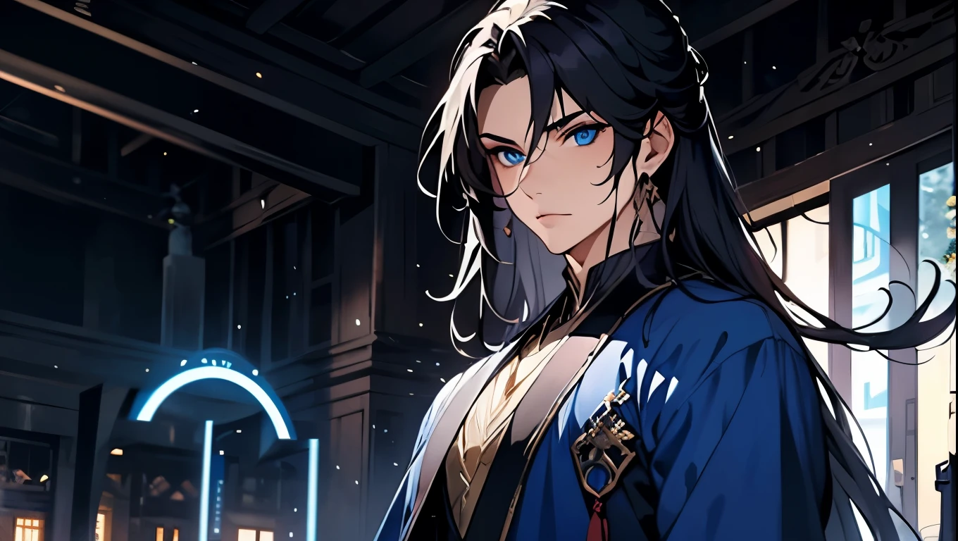 A man alone,There is a halo behind it,sacred,Correct proportions,Facial details,swordsman,Blue robe,Clothing details,transfer,Long sleeve,Game quality,fencing,Ray Tracing,Ray Tracing,Delicate glow,CG Rendering,Hair details,Black long hair,blue eyes,Handsome,Handsome,(The feeling of youth),The costumes are complicated,Perfect composition,Refinement,high quality,More details,Lots of details,Complex background,Sense of atmosphere,