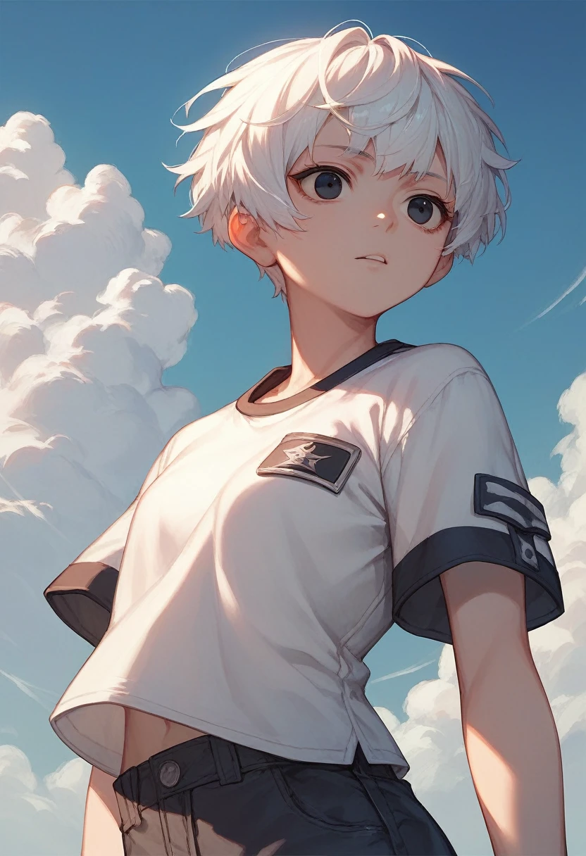 White color hair,short detailed hair,Black eyes, cut eyes,white short sleeve,the sky background,with blue sky and white clouds
