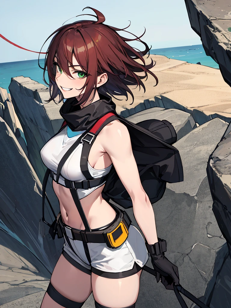 twintails, ginger hair, short hair, black eyes, large breasts, abs black gloves, black scrunchie, black bikini, beach, standing