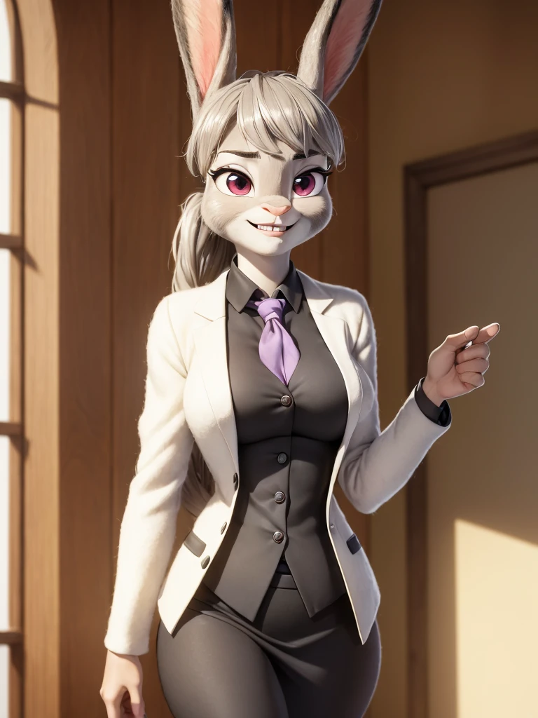 best quality, masterpiece, 3D anime, (((solo))), (((1girl))), ((Face is JudyHopps)), (long ears like a rabbit:0.8), Heir is in a black ponytail style, Body is human lady,
She is a new employee, Hers outfit is black business suit, She is wearing a tailored jacket over a white blouse, she is wearing a skirt, (the suit is made of wool:1.4), ((skin is silver with fluffy and fluffy)), (portrait view), In the background there is a green leaves, ((Her expression shows a fresh fresh smile))