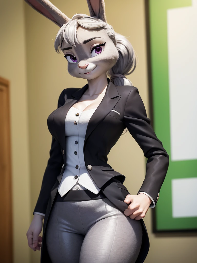 best quality, masterpiece, 3D anime, (((solo))), (((1girl))), ((Face is JudyHopps)), (long ears like a rabbit:0.8), Heir is in a black ponytail style, Body is human lady,
She is a new employee, Hers outfit is black business suit, She is wearing a tailored jacket over a white blouse, she is wearing a skirt, (the suit is made of wool:1.4), ((skin is silver with fluffy and fluffy)), (portrait view), In the background there is a green leaves, ((Her expression shows a fresh fresh smile))