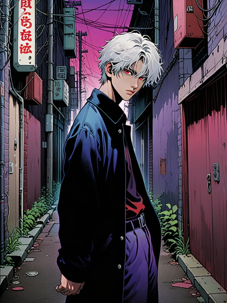 illust、art、from 80s horror movie, directed by Junji Ito、The silver-haired young man turns around、looking at the camera、Back Alley、A lonely city、Slit eyes、Beautiful Boy、Black Costume、Stylish、high detail, realsitic shadow、Analog style, vhs style, 8mm film, chromatic aberration, Dvd screengrab、Blue-purple and red-purple gradation、Surrealism
