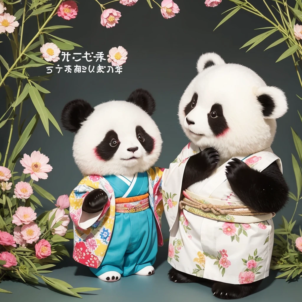 Create a cute and original "yuru-chara" mascot character. The character should be a small, round panda with big, sparkling eyes and a gentle smile. The panda is wearing a tiny, colorful kimono with floral patterns. Its ears and cheeks are slightly rosy, giving it an adorable and friendly appearance. The panda has a small bamboo shoot in one paw. The overall theme is traditional Japanese, and the character exudes a warm, welcoming personality. The background should be simple, focusing on the panda.