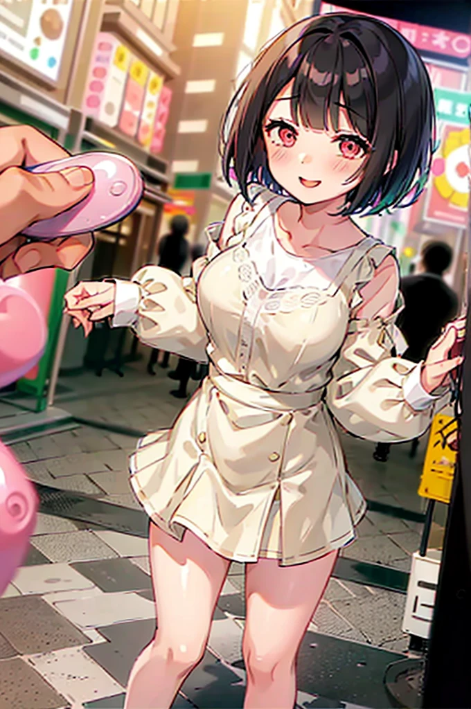 4K，One Girl, MS. end，thin，Very short stature，Very thin thighs，Blunt bangs，Short dress shirt, Half sleeves，Red Suspender Mini Skirt，blush, smile, Bobcut, Black Hair，Vibrant colors, ahegao，A lot of love juice drips down her thighs onto the floor，(remote_play))，remote-vibrating-egg，((Someone else's hand holding a pink round remote control:1.3))、Ecstatic expression，Accurate and detailed female fingers，nsfw