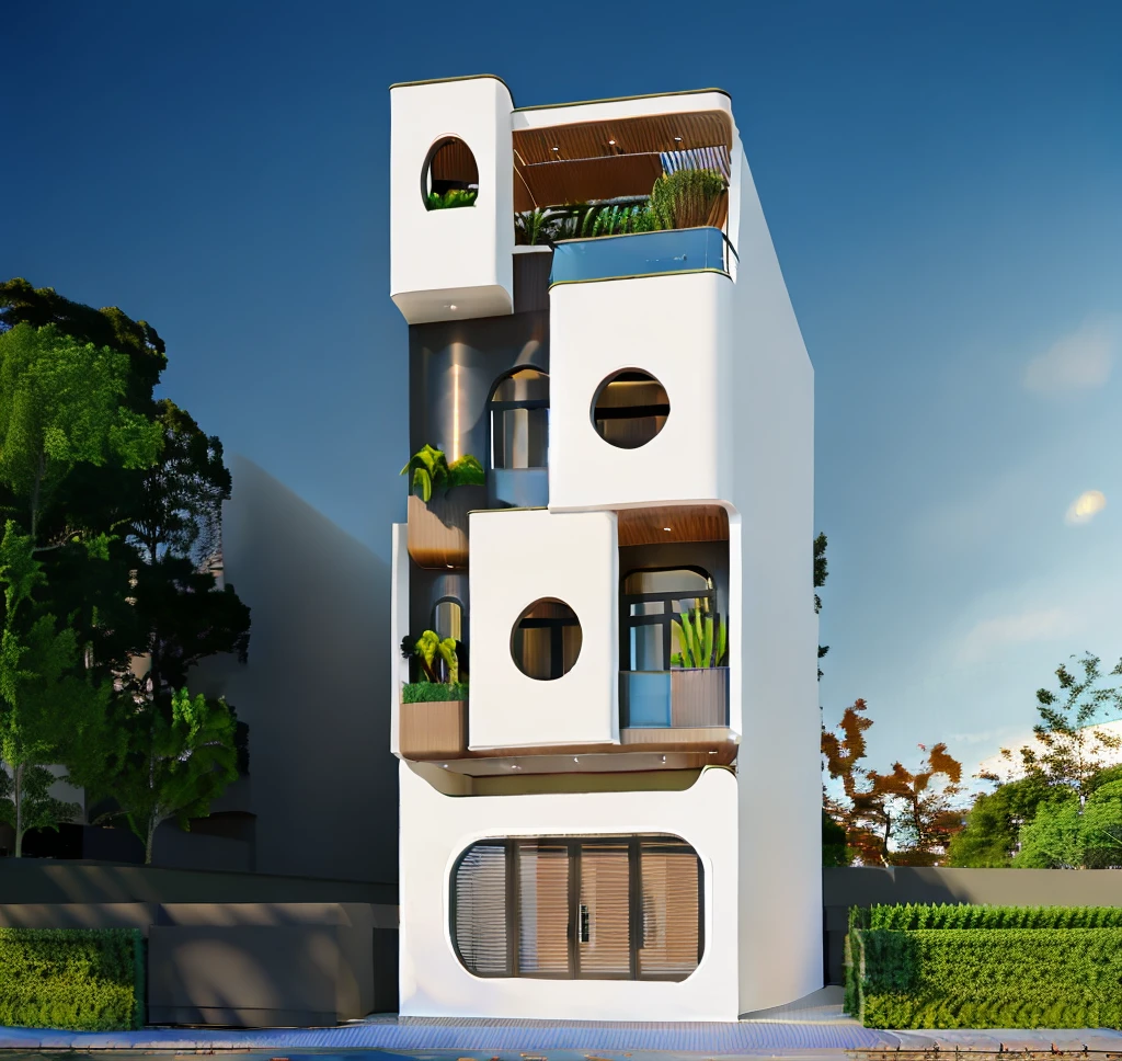 townhouse with bancony, white wall, glass rail, window, mental gate, ( realistic photo)