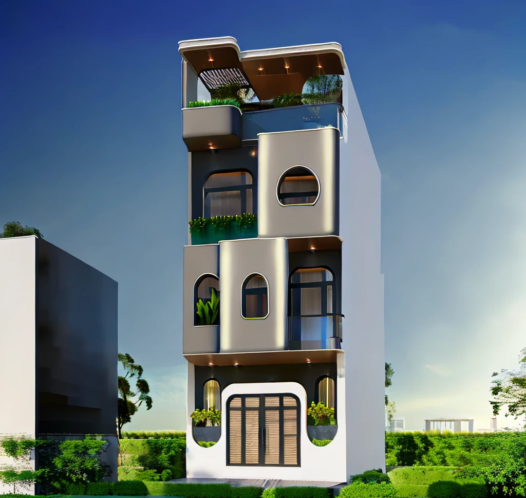 townhouse with bancony, white wall, glass rail, window, mental gate, ( realistic photo)