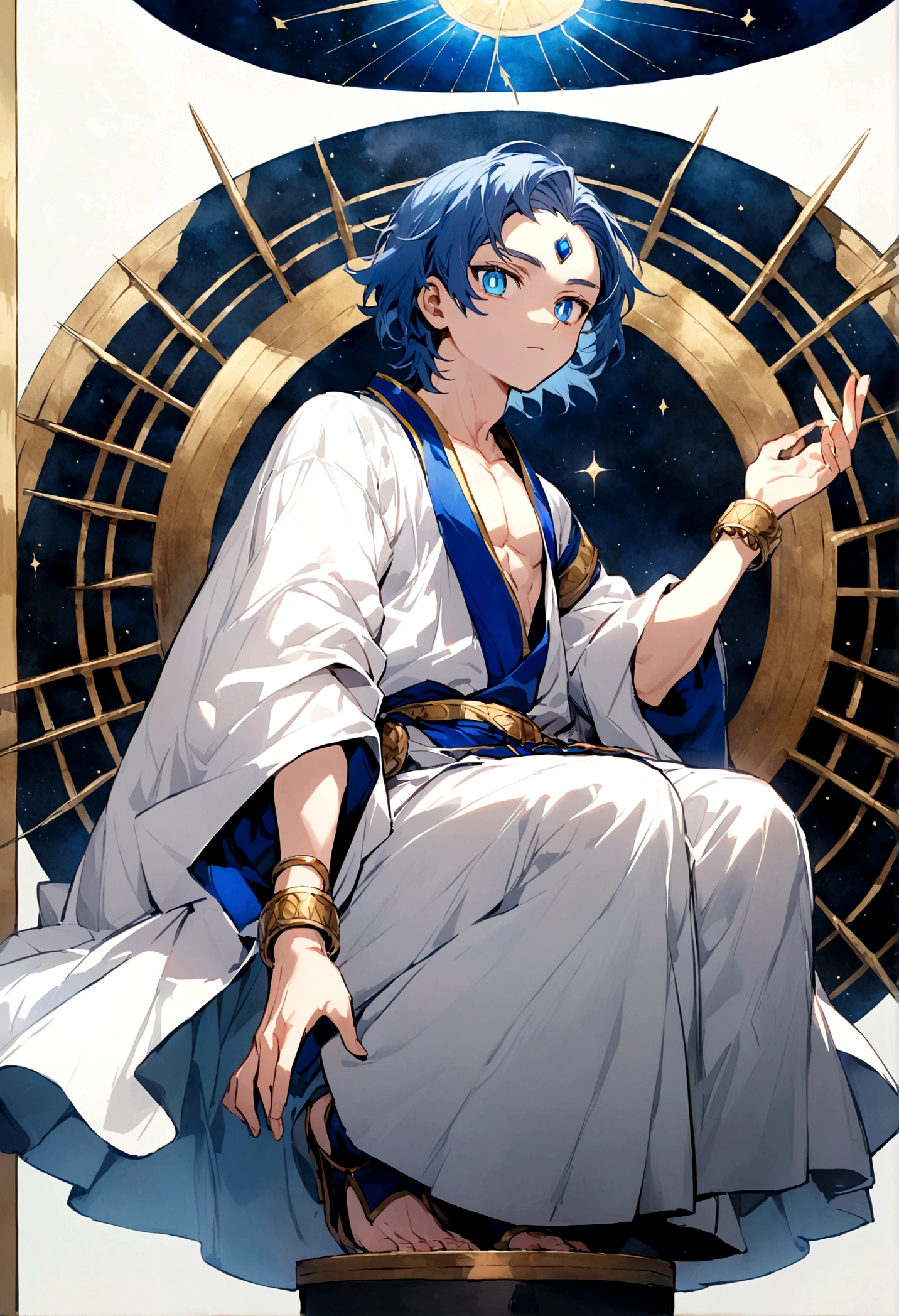 He is a handsome youth with medium-tall, and rather not very muscular. His eyes are blue lapis lazuli, with bright white pupils, and his hair is black, and looks like a floating, smooth-tipped spikes. He also has runes on a forehead, and a black circle resembling an eye, with a shining blue lapis lazuli.

His chest is uncovered, and on bottom he wears light, White colour robe covering his legs, from which two long belts protrude, one he throws over his left shoulder and the other hangs freely. He have brown-blue small bracelets on on the top of his hands, and on the wrists, he wears golden 3-part bracelets.

And he is meditating at between a big buddhism's mandala.